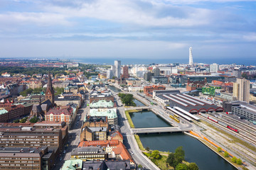 Fototapeta na wymiar Aerial view of the Malmo Central Station on the background of the cityscape, Sweden