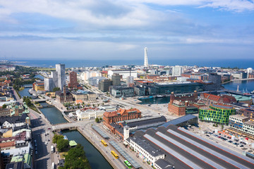 Obraz premium Aerial view of the Malmo Central Station on the background of the cityscape, Sweden