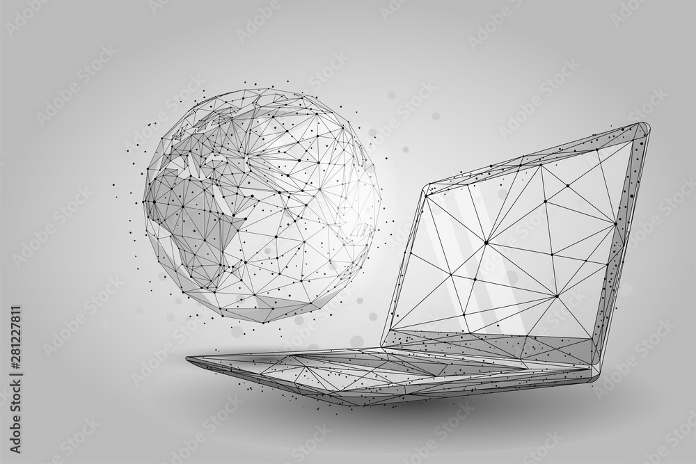 Aufkleber low poly wireframe global world. planet earth on laptop screen. vector 3d low poly wireframe on the 
