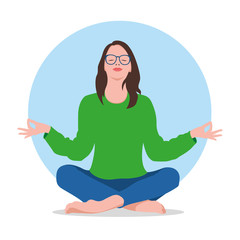 The girl sits in a lotus pose Zen and meditates. Girl in harmony and state of calm. Girl in green. Vector illustration on white background