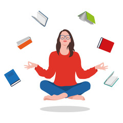 The girl sits in a lotus pose - zen and meditates on books. Remembering what you read. Girl in red. Girl with books. Vector Illustration on white background