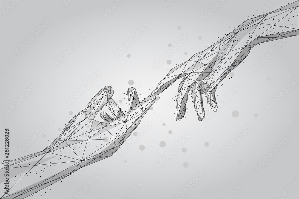 Poster low poly wireframe human hands touching with fingers from lines, triangles and particles. polygonal 