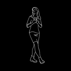 Cute girl with phone in her hands at the chest taking a walk. White lines isolated on black background. Concept. Vector illustration of girl in skirt in simple line art style. Monochrome minimalism