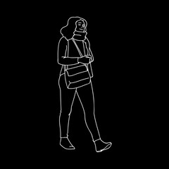 Cute girl with crossbody bag taking a walk. White lines isolated on black background. Concept. Vector illustration of girl in scarf going for a stroll in simple line art style. Monochrome minimalism