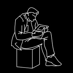 An adult man is reading a book sitting on a cube. Vector illustration of a man gazing intently into a magazine or journal with square art. Sketch. Linear art. White lines isolated on black background.