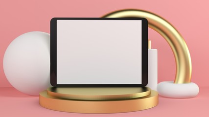 Fototapeta premium Tablet on the pink background with white and gold eometric figures on background. 3d render illustration. Mock up.