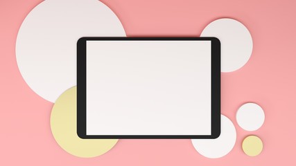 Tablet on the pink background with white and gold eometric figures on background. 3d render illustration. Mock up.