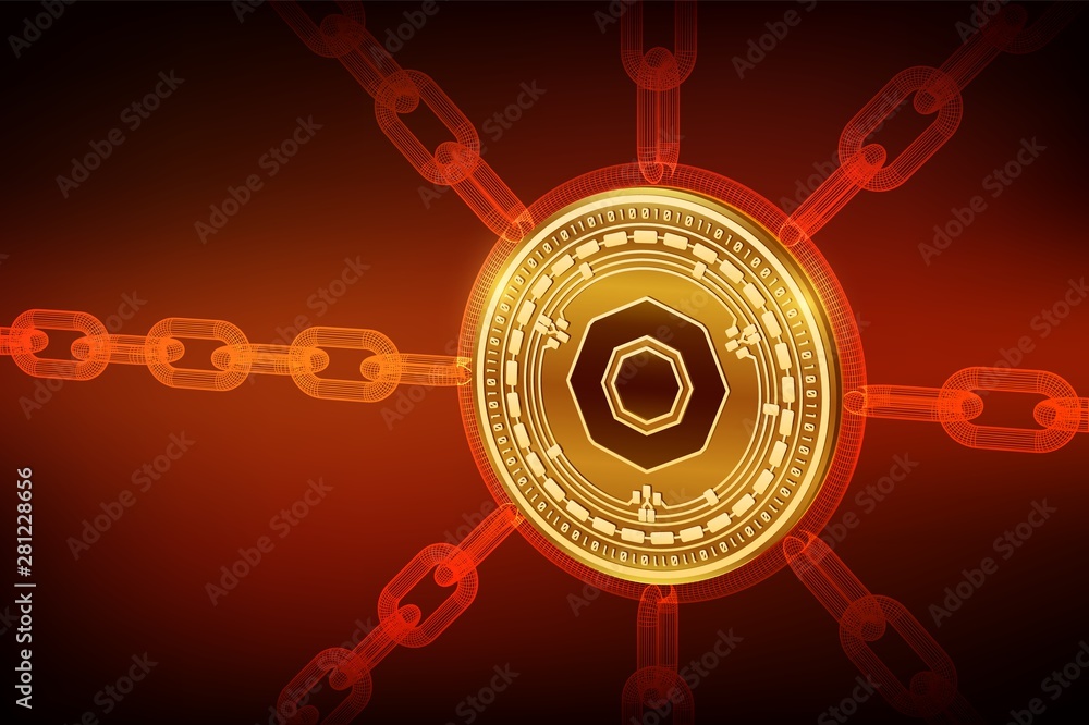 Poster komodo. crypto currency. block chain. 3d isometric physical komodo coin with wireframe chain. blockc