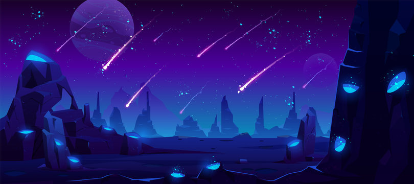 Meteor rain at night, neon space background with falling stars in dark sky of alien planet with craters full of glowing blue liquid, fantasy extraterrestrial landscape, Cartoon vector illustration