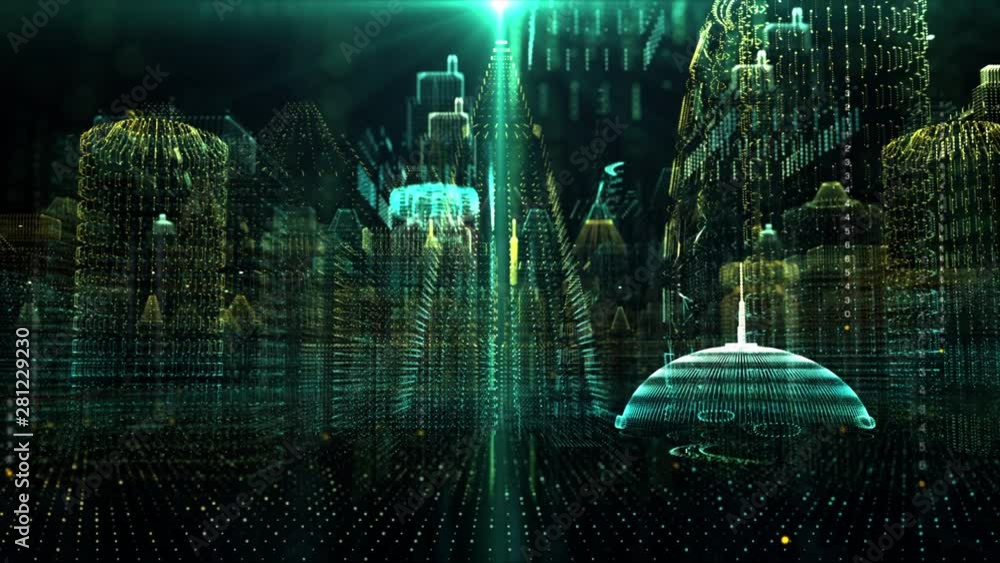Poster Futuristic holographic city digitally generated image virtual reality matrix particles in cyber space background environment. Loop motion clip