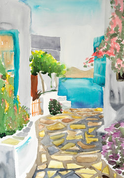 Watercolor drawing and painting of grecce village