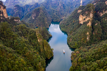 Beautiful aerial scenery and boat trip on Baofeng lake