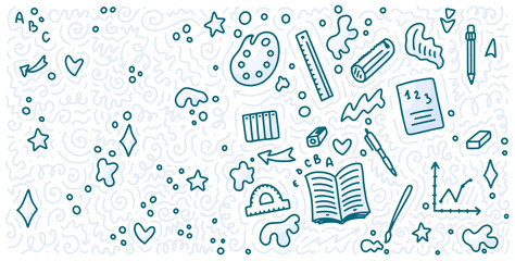 Welcome back to school doodle background. Template for sale banner. Hand drawn elements. Education concept. Typography emblem.