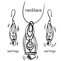 Hand made necklace and earings. In hand drawn style isolated on white. 