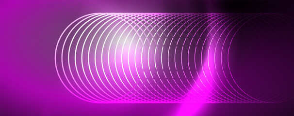 Shiny neon lights, dark abstract background with blurred magic neon light curved lines