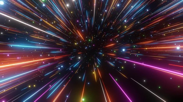 Abstract hyperspace background. Speed of light, neon glowing rays and stars in motion. Moving through stars. 4k Seamless loop