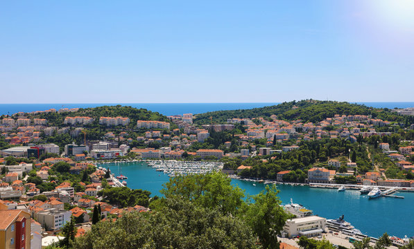 Dalmatian coastline panoramic view from Dubrovnik with the port, Croatia, Europe