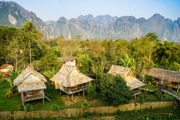 Bamboo bungalow with mountain background 