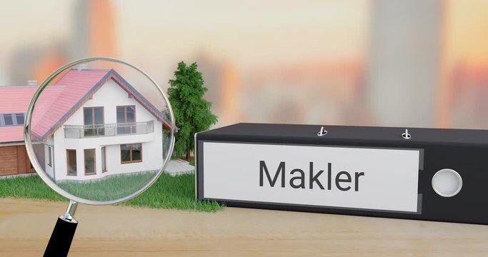 Immobilienmakler hilft beim Hauskauf. Akten-Ordner, Modell eines Hauses, Baum und Rasen bewegen sich in das Sichtfeld. Animierte Lupe erscheint. Aktenordner wird mit dem Wort Makler beschriftet.