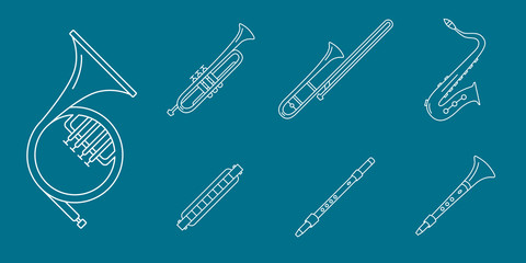 Music instruments Icons set - Vector outline symbols of wind instruments, saxophone, sax, tube, mouth organ and flute for the site or interface