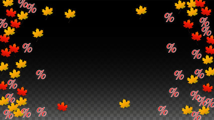 Vector Percentage Sign and Autumn Leaves Confetti on Transparent Background. Percent Sale Background. Business, Economics, Finance Print. Discount Illustration. Promotion poster. Black Friday Banner. 