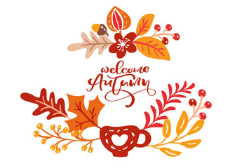 greeting card with text Welcome Autumn. Orange leaves of maple, october or november foliage, oak and birch tree, fall nature season poster or banner design