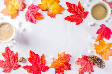 Simple autumn red yellow orange leaves pattern, flatlay top view