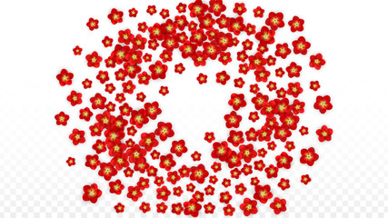 Vector Realistic Red Flowers Falling on Transparent Background.  Spring Romantic Flowers Illustration. Flying Asian Rose Spa Design. Blossom Confetti. Design Elements for Wedding Decoration.