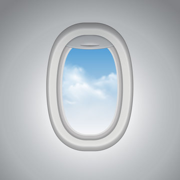 Vector realistic airplane window with blue sky and clouds - tourism, transportation, holidays