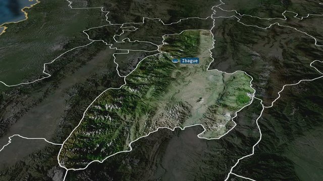 Tolima - department of Colombia with its capital zoomed on the satellite map of the globe. Animation 3D