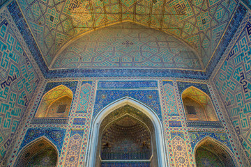 Decoration of the Madrasah on the Registan Square - main square of Samarkand, Uzbekistan.