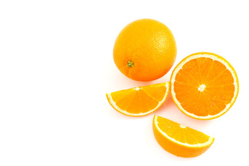 Orange is a fruit that contains vitamins. C. high in orange, cut in half With a shadow on a white background