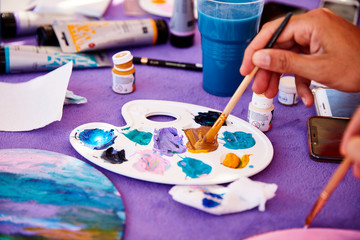 Acrylic paints mixed in a palette