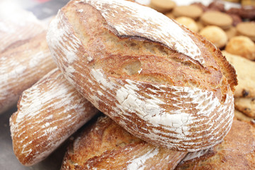 Fresh baked bread. Crispy loaf of bread. Delicious freshly baked bread. 