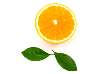 Citrus is a fruit that has high vitamin C, half cut orange, has a shadow and has leaves on a white background.