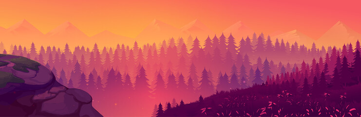Vector illustration of a beautiful forest at the mountains
