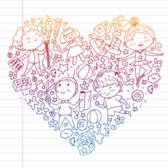 Painted by hand style pattern on the theme of childhood. Vector illustration for children design. Drawing on exercise notebook in gradient style.