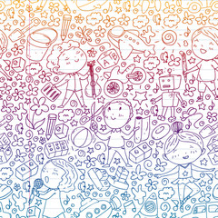 Seamless painted by hand style pattern on the theme of childhood. Vector illustration for children design. Drawing on exercise notebook in gradient style.
