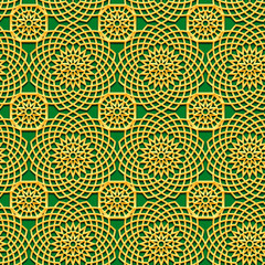 ten pointed stars gold ornamen, lattice, lace on green background repeatable pattern