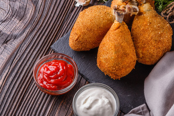 fried chicken leg in batter, red and white sauce on a dark surface