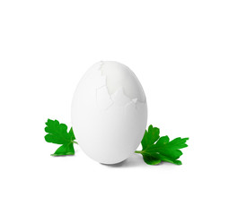 Cracked egg with parsley. Isolated on white background. Traditional symbol of the Easter.