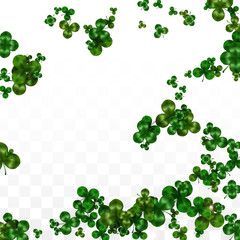 Fototapeta premium Vector Clover Leaf Isolated on Transparent Background with Space for Text. St. Patrick's Day Illustration. Ireland's Lucky Shamrock Poster. Invintation for Concert in Pub. Top View. Success Symbols.