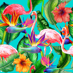Seamless tropical pattern of watercolor flowers,flamingos and leaves