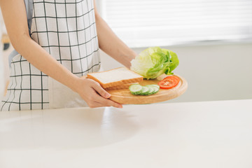 happy young mother  preparing snacks in the morning at home kitchen