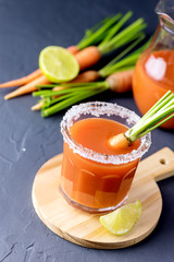 Glass of Tasty Carrot Juice with Lime Juice Healthy Diet Detox Drink Vitamin Glass of Vegetable Juice Decorated With Fresh Carrot