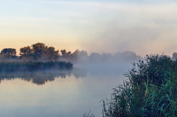 Morning landscape with fog over the lake