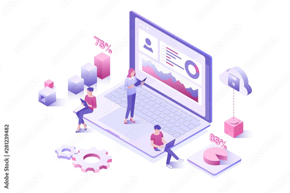 Poster data analysis, statistics collection. landing page template people interacting with a dashboard.