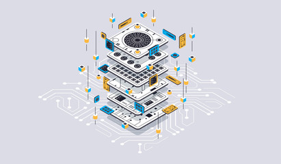 Isometric design concept virtual reality and augmented reality. software development and programming. Computation of big data center, quantum computer isometric vector technology