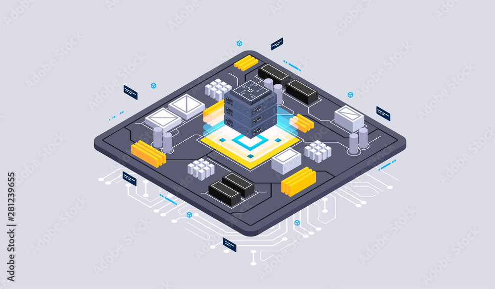 Fototapete Isometric design concept virtual reality and augmented reality. software development and programming. Computation of big data center, quantum computer isometric vector technology