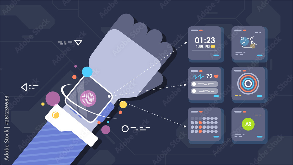 Poster vector illustration, smart watch with ar interface. abstract tech concept.